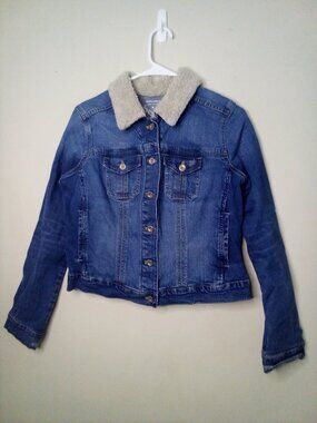 Sonoma Denim Jacket Women M Button Up Fur Collar Pockets Blue